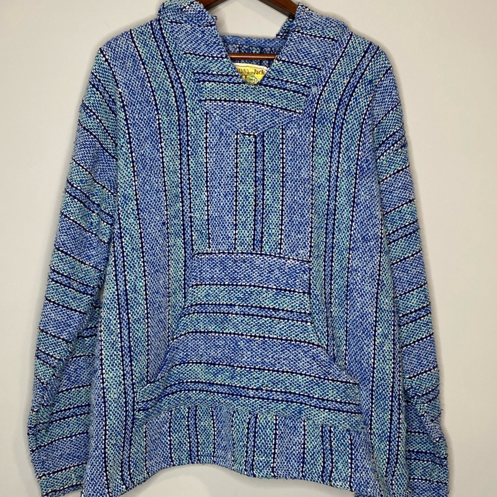 Iguana Jack Unisex Sweatshirt sz L Blue Striped Baja Hoodie Pocket Boho